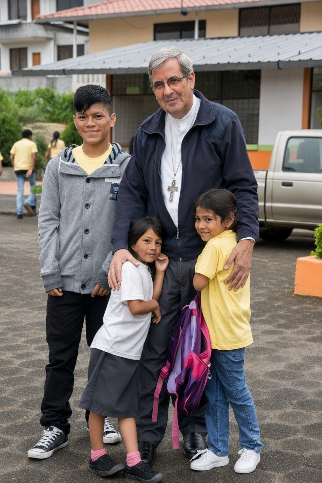 Bischof Rafael Gracia mit Kindern unseres Projekts in Ecuador